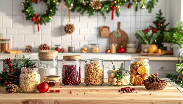 Zero-waste holiday kitchen with reusable containers and festive elements