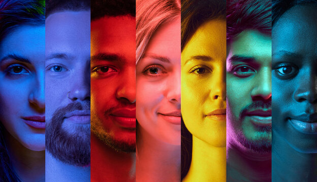 Vertical rainbow portrait stripes showing diverse faces. Concept of inclusion, identity, branding visuals and communication for education, campaigns and team materials.