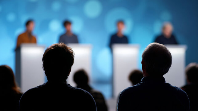 Audience watching a panel of four speakers standing behind podiums during a formal debate or discussion event with blue background