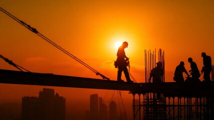 Golden hour construction workers silhouetted against sunset skyscraper framework urban setting industrial view