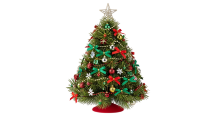 Beautifully decorated christmas tree with ornaments and lights isolated on transparent background