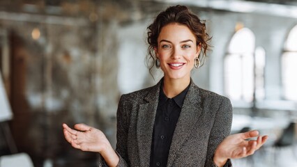 Dynamic business presentation by charismatic woman in sleek office environment with confident gestures
