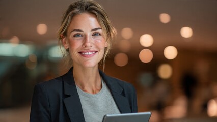 Confident businesswoman engaging with tablet modern office lobby portrait photography soft ambient lighting