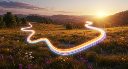 Vibrant light trail winding through a serene landscape at sunset creating a magical atmosphere