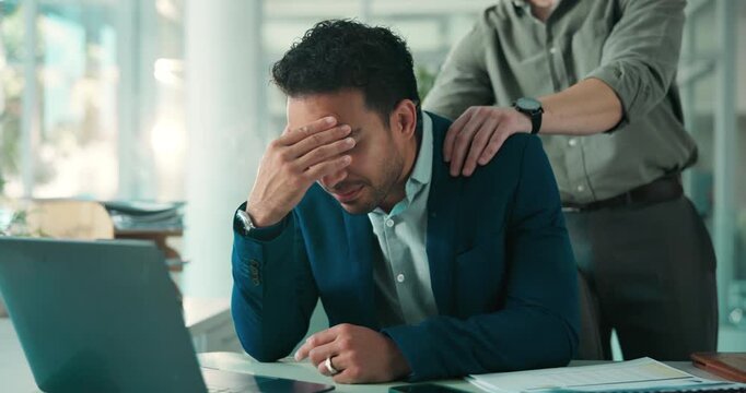 Business, help and men with laptop, stress and sad with financial advisor, bankruptcy and comfort. People, investor and employees in workplace, pc and support with panic attack and stock market crash