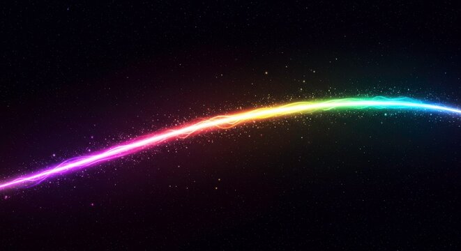 A captivating multicolored light streak dances across a star-studded night sky canvas