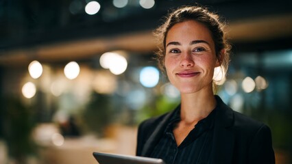 Dynamic businesswoman smiling in modern office lobby with tablet soft lighting professional environment engaging viewpoint