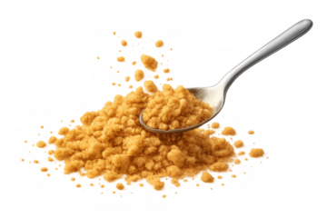 Spoon holding and scattering yellow seasoning powder, adding flavor to dishes, cooking ingredient on transparent background