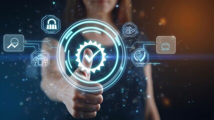 Woman giving thumbs up with glowing quality assurance certification icons and data visualization - Powered by Adobe