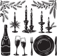 PrVintage Christmas Dinner Vector Set: Champagne, Candles, Cutlery, and Pine Branchesint