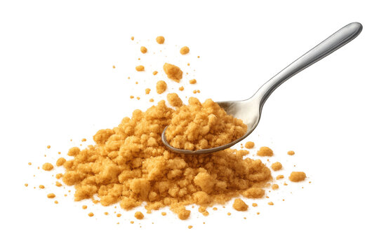 Spoon holding and scattering yellow seasoning powder, adding flavor to dishes, cooking ingredient on transparent background