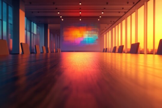 Empty modern conference room with a long table, chairs, and a large colorful pixelated screen, bathed in warm sunset light reflecting on the polished surface.