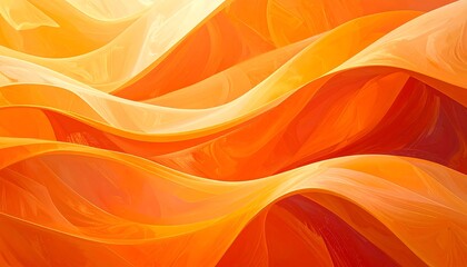 An abstract, flowing artwork featuring layered, undulating forms in vibrant shades of orange and yellow hues with a glossy look