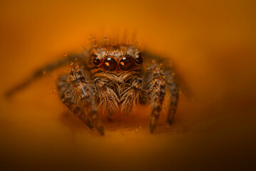 An aesthetically pleasing and impressive close-up photo of a spider. Spider species; Jumping spider. Natural background.
