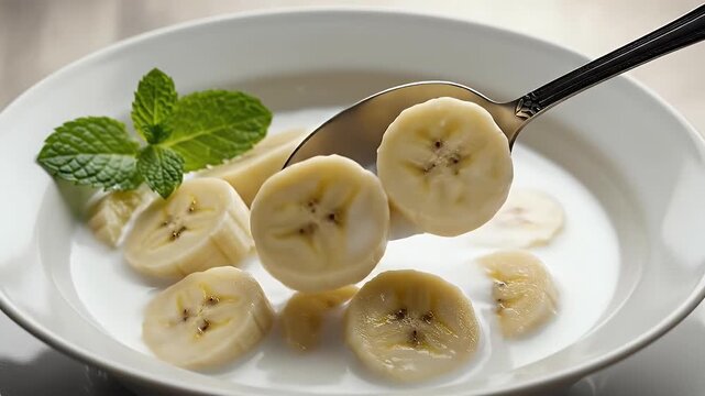 A spoon scoops fresh banana slices from a pristine white bowl of creamy milk. Garnished with a vibrant mint sprig, this simple, wholesome meal is an ideal healthy breakfast or nutritious snack, repres