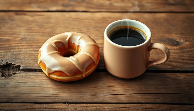 Glazed donut and steaming coffee cup on rustic wood, flat lay, drink
