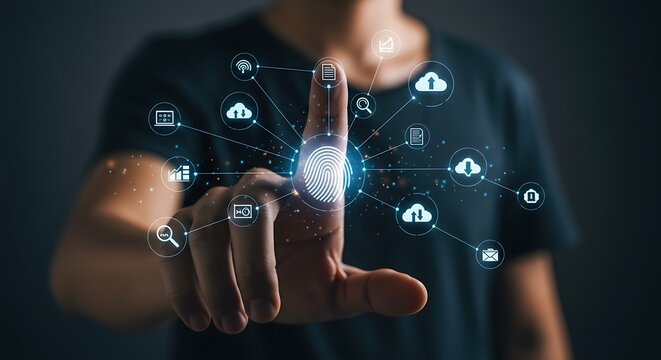 Fingerprint scan activating a network of digital icons representing cloud services, data, and connectivity, showcasing biometric security