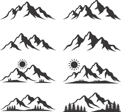 Black vector icon set of mountain peaks and ski sport silhouettes