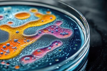 Captivating microscopic view of vibrant bacterial or fungal colonies growing in a petri dish, showcasing diverse biological patterns and scientific beauty.