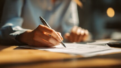 Focused female executive reviewing financial documents at modern wood desk closeup professional environment