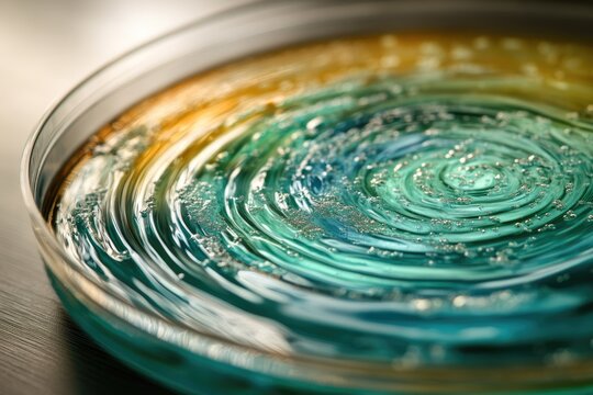 Mesmerizing teal and gold liquid swirls in a clear dish with concentric ripples and tiny shimmering particles, a captivating fluid dance.