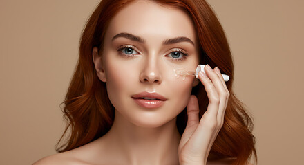 Woman with glowing skin applying a serum with a dropper