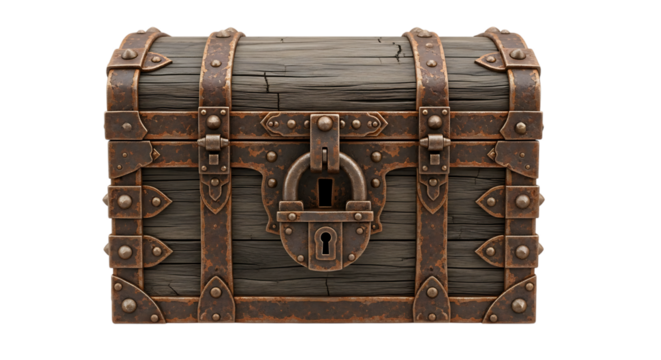 Antique wooden treasure chest with metal accents isolated on transparent background