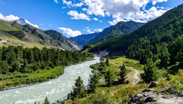 Scenic Mountain River Landscape with Lush Greenery and Blue Sky. - Powered by Adobe