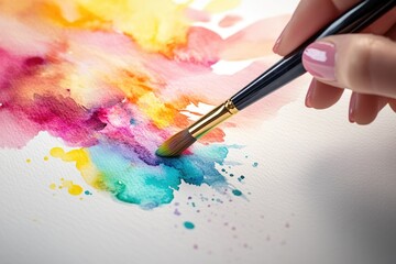 Fototapeta premium A hand with painted nails applies vibrant watercolor paint to textured paper, creating a beautiful splash of merging colors and artistic expression.