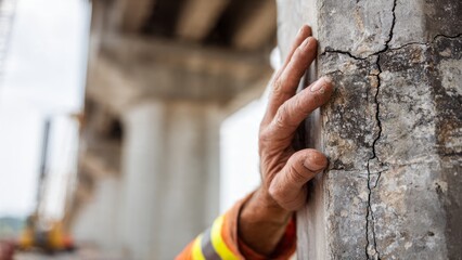 Engineer examining concrete support pillar of bridge highlighting structural integrity closeup industrial importance