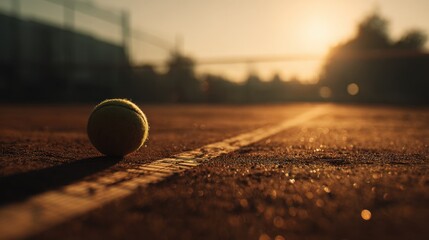 Tennis Ball on Court: A single tennis ball rests on the clay court, bathed in the warm light of the setting sun, evoking a sense of anticipation and the thrill of the game.