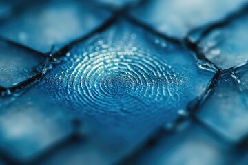 A strikingly detailed blue fingerprint emerges from a fragmented, ice-like digital surface, symbolizing identity, security, and advanced forensic technology.