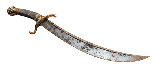 Fototapeta premium Old corroded cutlass with curved blade, isolated on transparent background, pirate sword concept, realistic texture and lighting