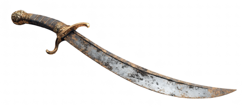 Old corroded cutlass with curved blade, isolated on transparent background, pirate sword concept, realistic texture and lighting