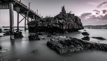 Monochrome Seascape with Pier and Rocky Outcrop Under Dramatic Sky.