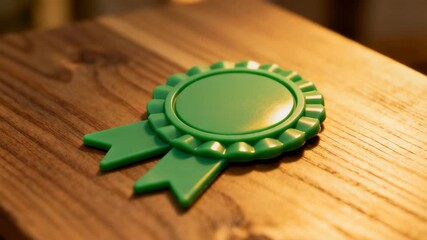 Green award ribbon on wooden surface with soft lighting  
