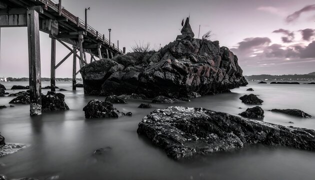 Monochrome Seascape with Pier and Rocky Outcrop Under Dramatic Sky.