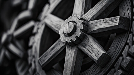 Detailed monochrome capture of old rustic wooden wheel's central hub and spokes, showcasing deep textures and weathered artistry of ancient craftsmanship