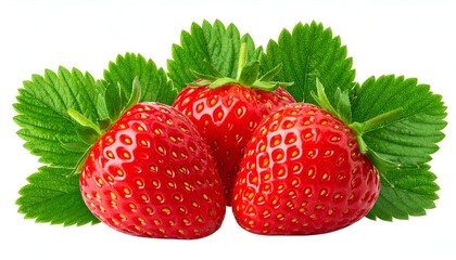 Fresh strawberries with green leaves on a white background.