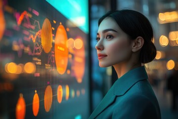 Young professional intently observes glowing digital data visualizations and financial charts, embodying advanced analytics and technological insights.