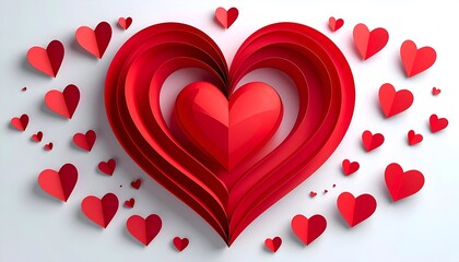 A Heartfelt Display - Red Paper Hearts on White Background.
