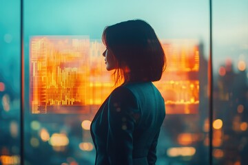 A businesswoman intently views vibrant, glowing data visualizations on a transparent screen, overlooking a blurred city, symbolizing strategic insight and technological advancement.