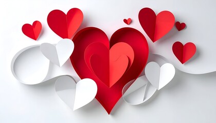 Layered paper hearts in red and white for Valentines Day.