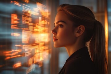 A focused young woman intently views glowing orange digital data on a futuristic transparent screen, deeply analyzing complex information in a high-tech setting.