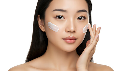 Close-up portrait of a beautiful young Asian woman applying nourishing face cream for a healthy skincare routine
