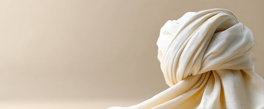 Close-up of soft cream-colored fabric twisted into a knot against a smooth beige background with natural lighting and texture details