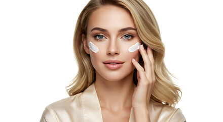 Portrait of a beautiful blonde woman with fresh clean skin applying cosmetic cream to her face for a daily skincare treatment