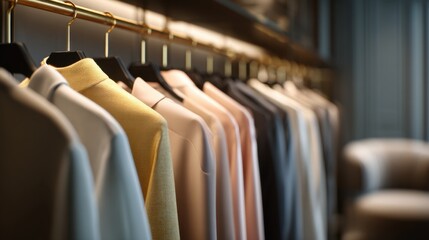 Fototapeta premium Wardrobe Elegance: A curated selection of tailored shirts, showcasing a spectrum of colors and styles, hangs gracefully on a polished rack within a boutique, evoking a sense of refined fashion.