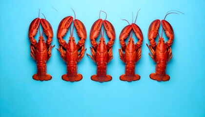 Five vibrant red lobsters lined up on a blue background.