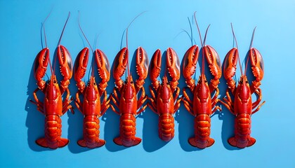 Vibrant Red Crawfish Array on a Light Blue Surface.